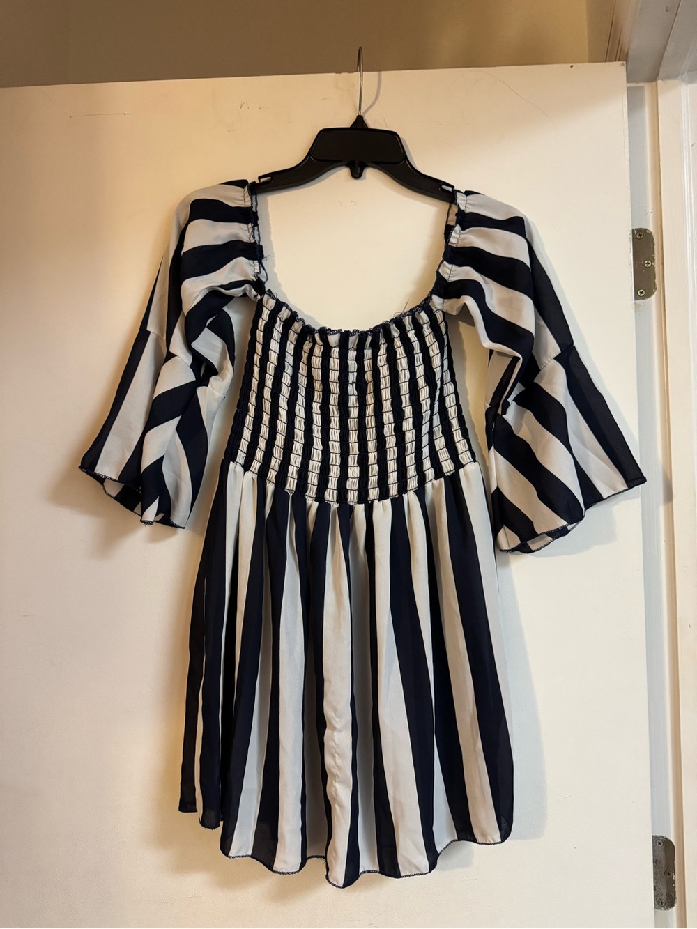 Caren Sport Navy and White Striped Smocked Top